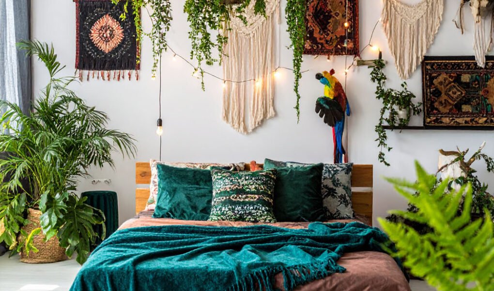 Chambre bohème avec lit en bois, tentures murales, et une profusion de plantes suspendues et au sol