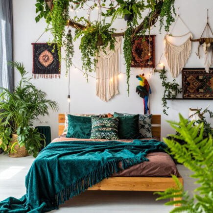 Chambre bohème avec lit en bois, tentures murales, et une profusion de plantes suspendues et au sol