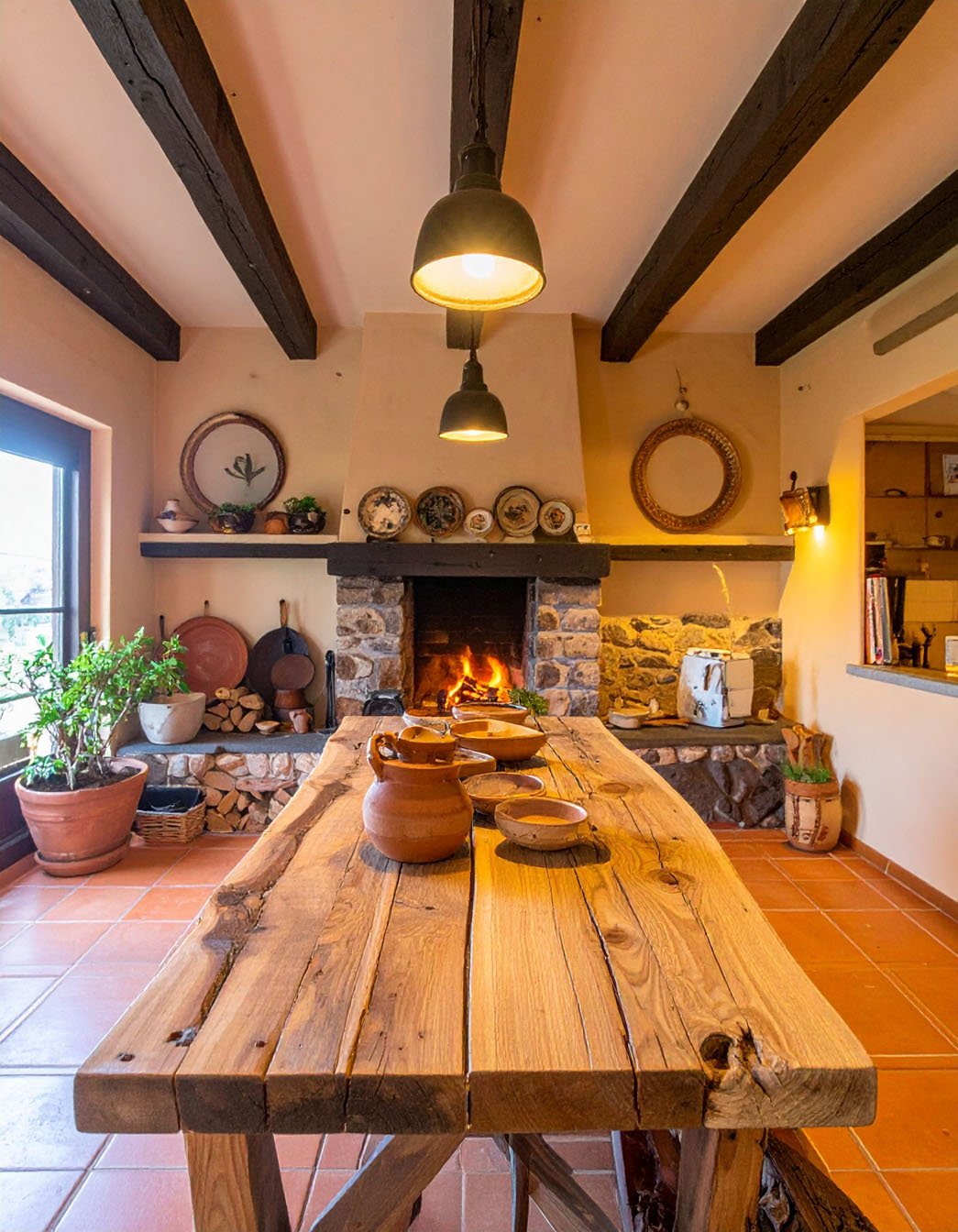 Salle à manger rustique avec grande table en bois, cheminée en pierre et poutres sombres