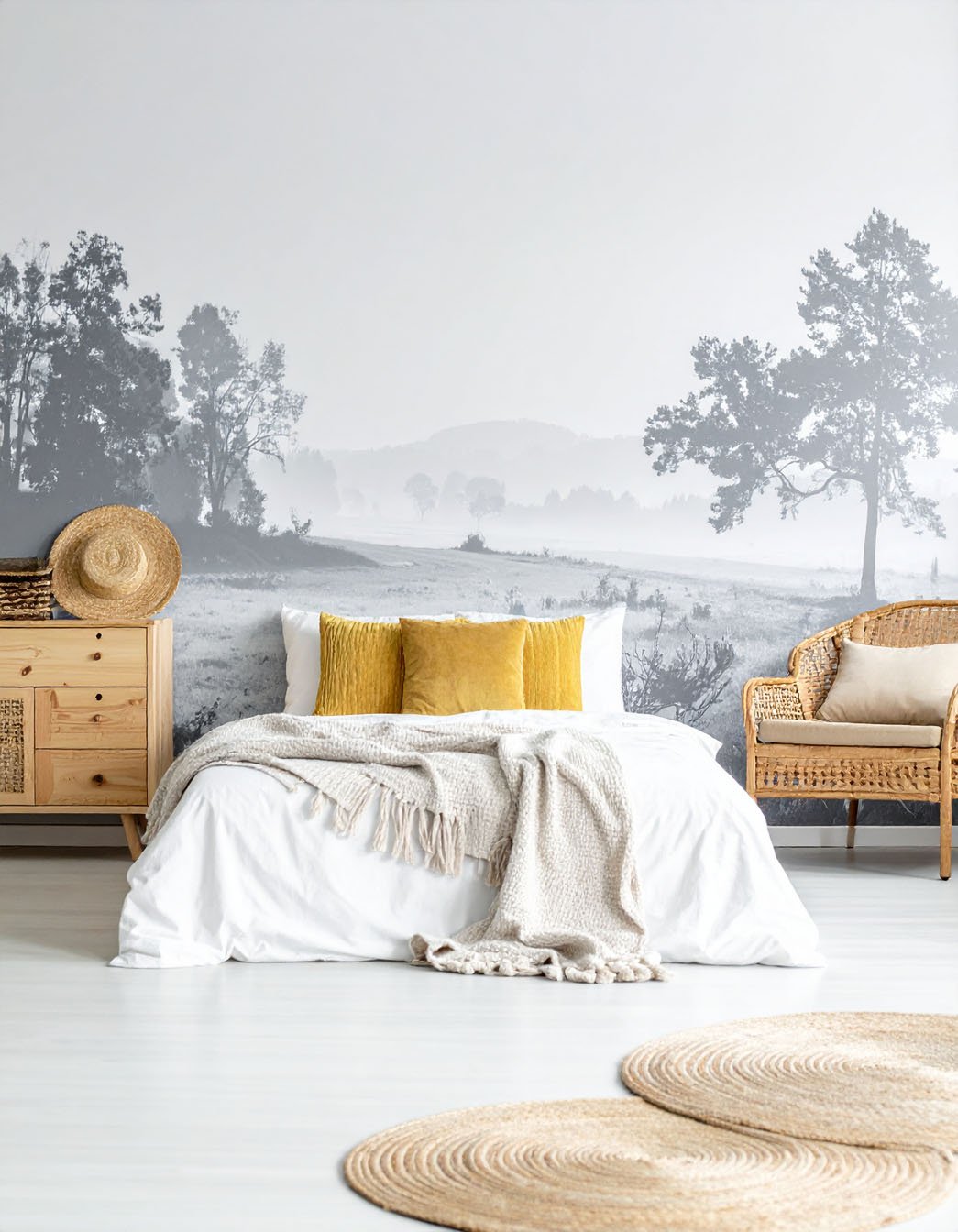 Chambre avec lit blanc, coussins jaunes, fauteuil en rotin et papier peint panoramique de paysage brumeux