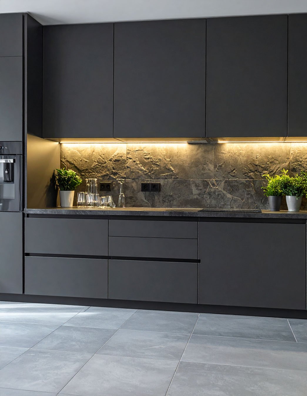 Cuisine gris anthracite avec crédence en pierre naturelle et éclairage sous les meubles hauts