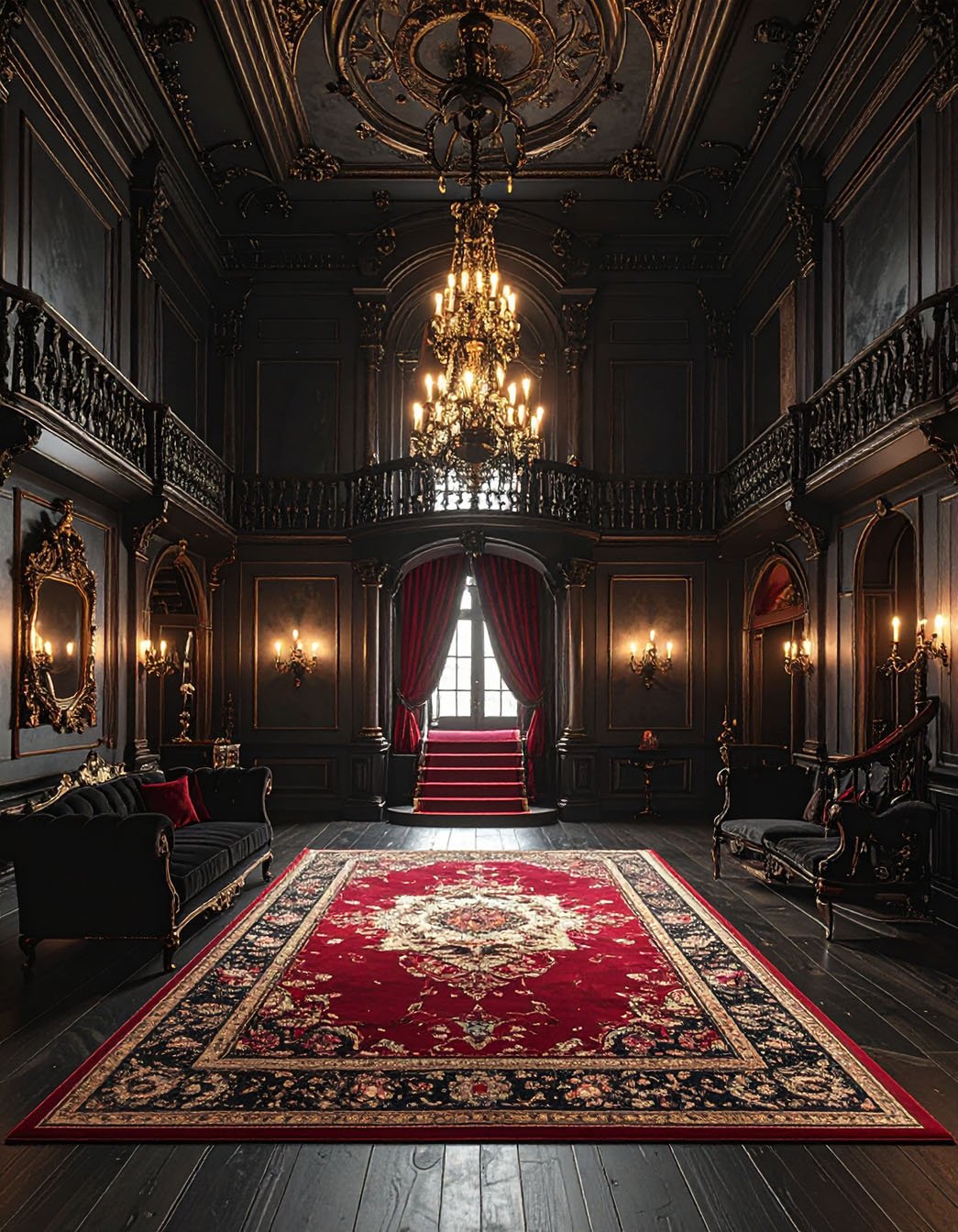 Intérieur sombre avec murs noirs, cheminée, lustre en cristal et grand miroir doré