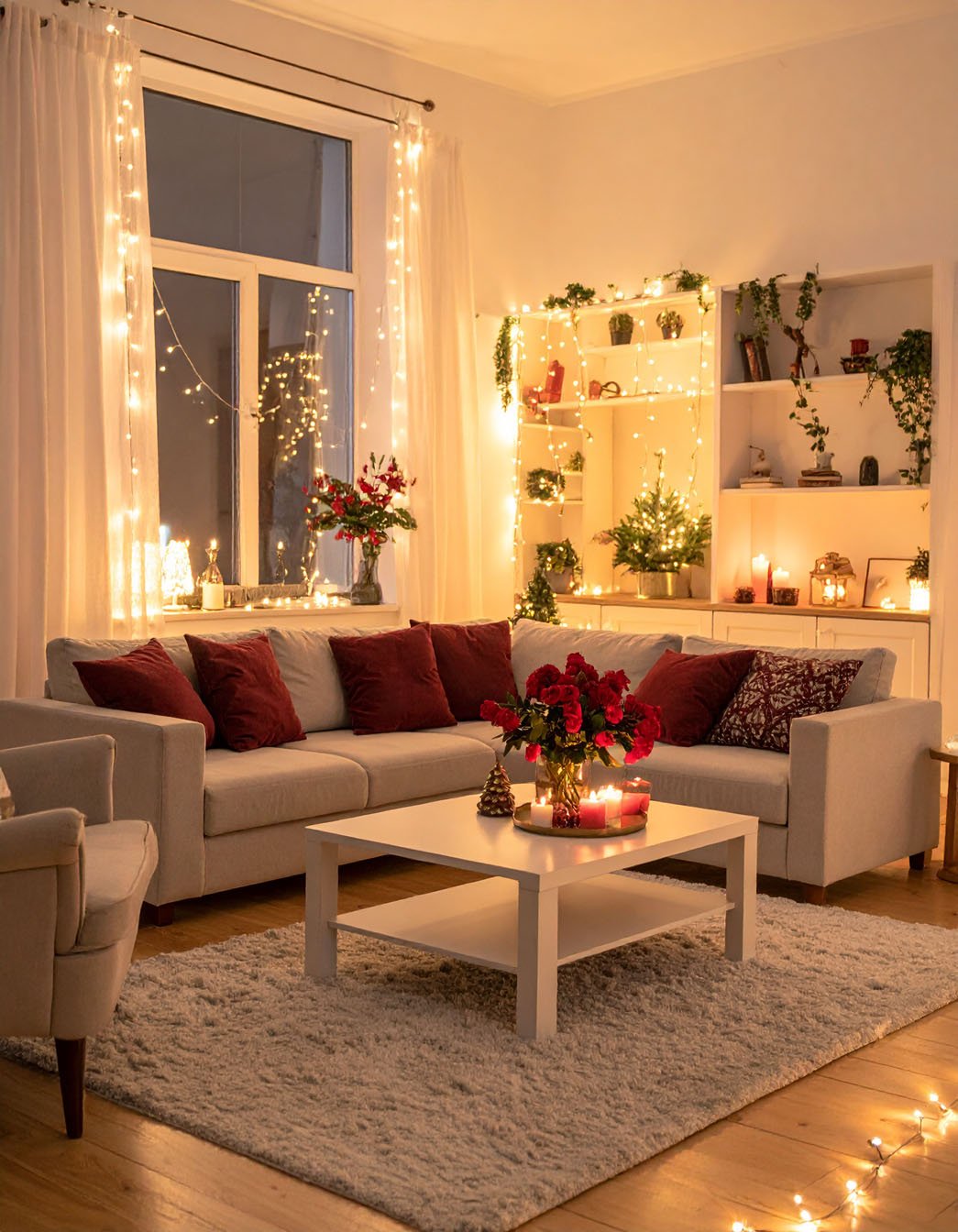 Salon décoré pour Noël avec canapé beige, coussins rouges et guirlandes lumineuses
