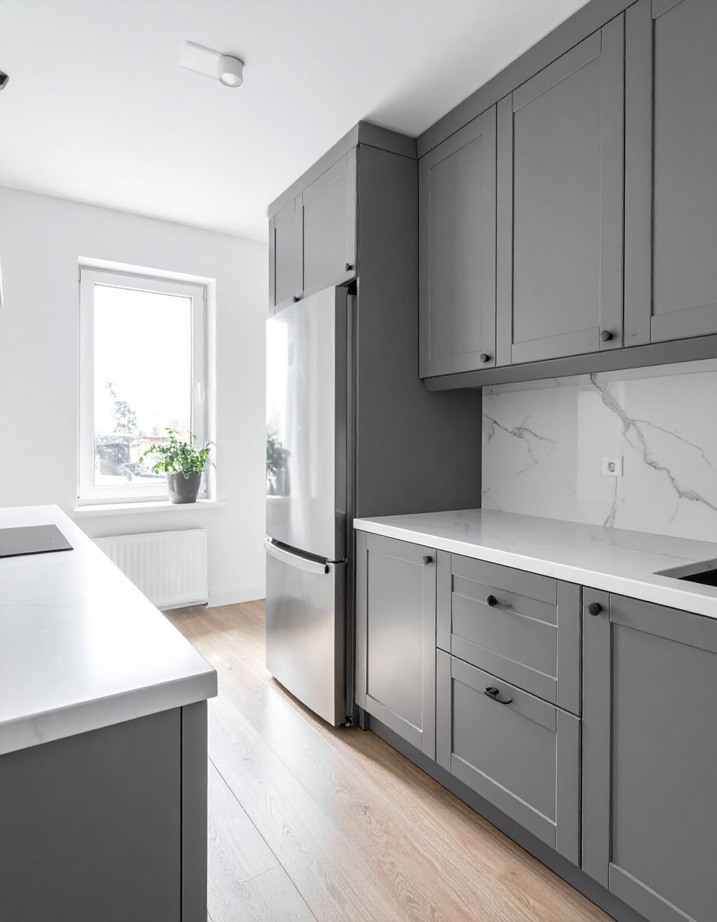 Cuisine avec meubles gris, réfrigérateur inox, plan de travail blanc et parquet clair