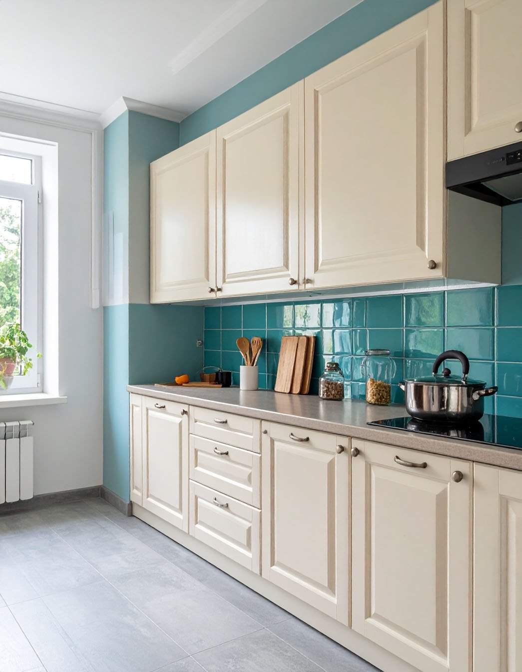 Cuisine avec meubles blanc cassé, crédence en carreaux turquoise et mur supérieur bleu canard
