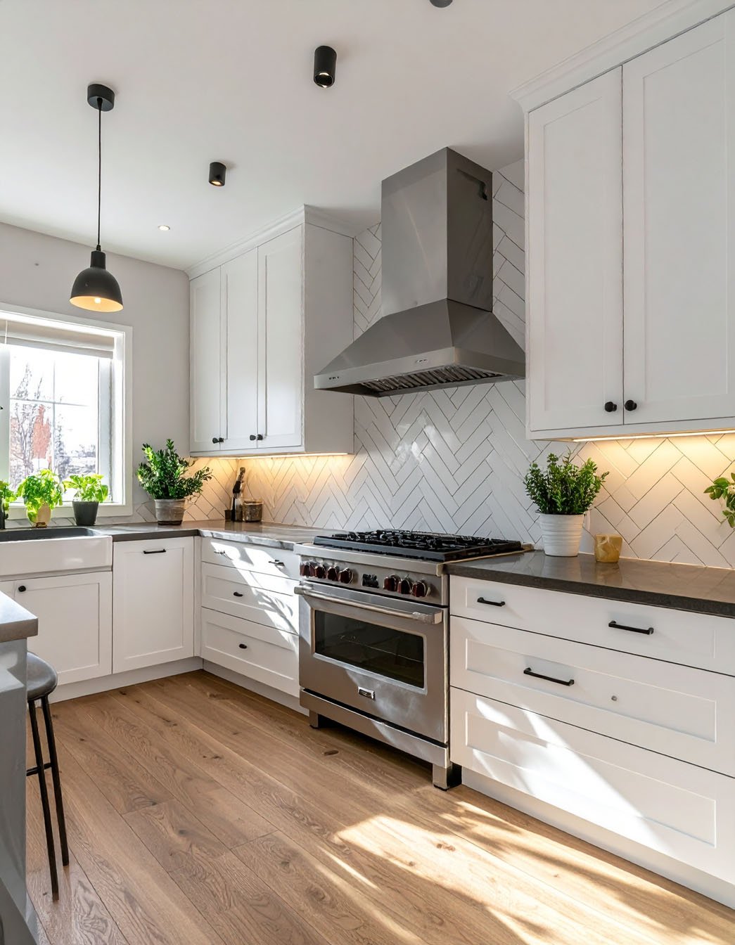 Cuisine blanche avec crédence en carrelage métro à chevrons et piano de cuisson inox