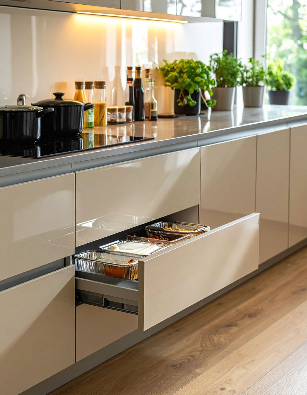 Tiroir de cuisine ouvert révélant des plats en aluminium, dans une cuisine beige laqué