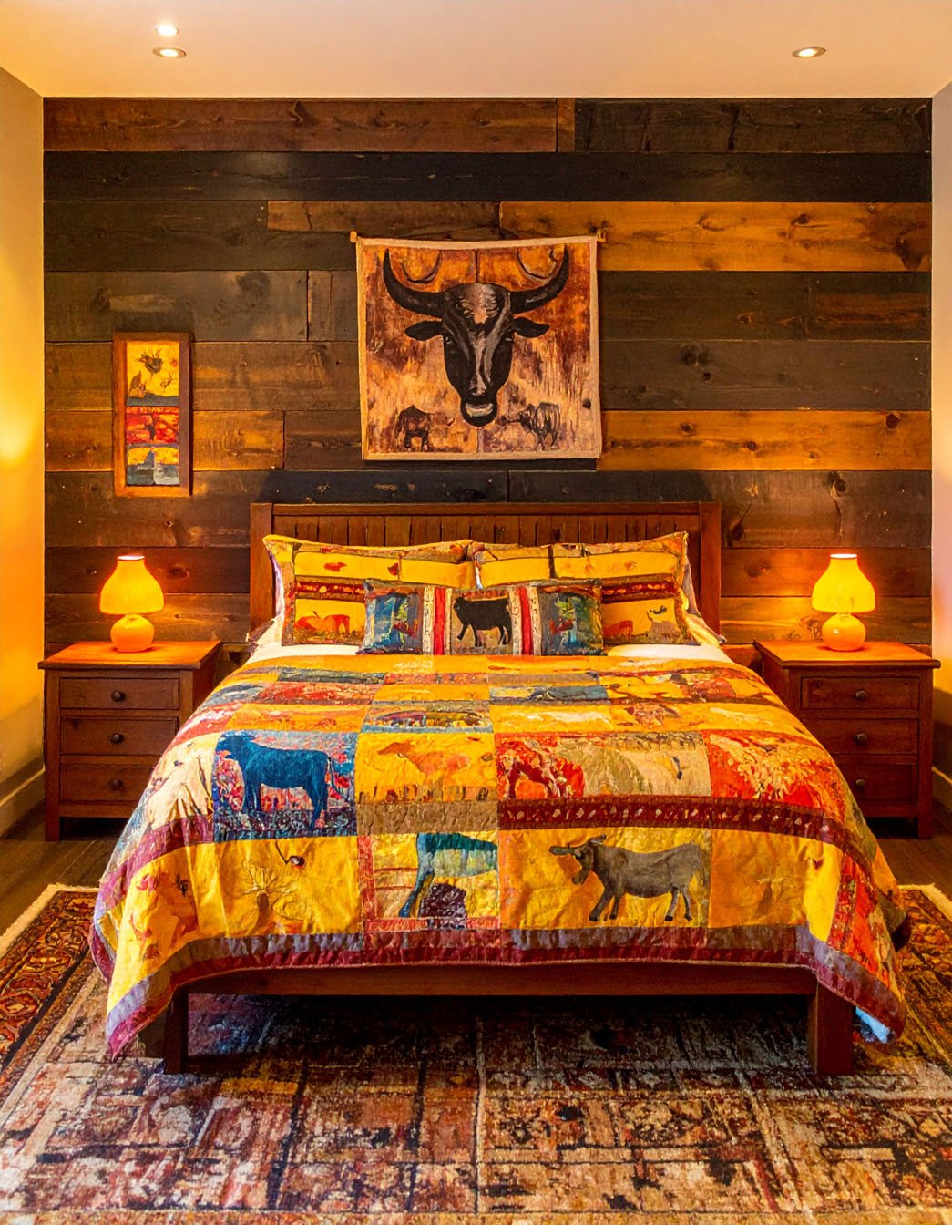 Chambre de chalet en rondins avec lit, couvre-lit à motifs d'ours et de sapins