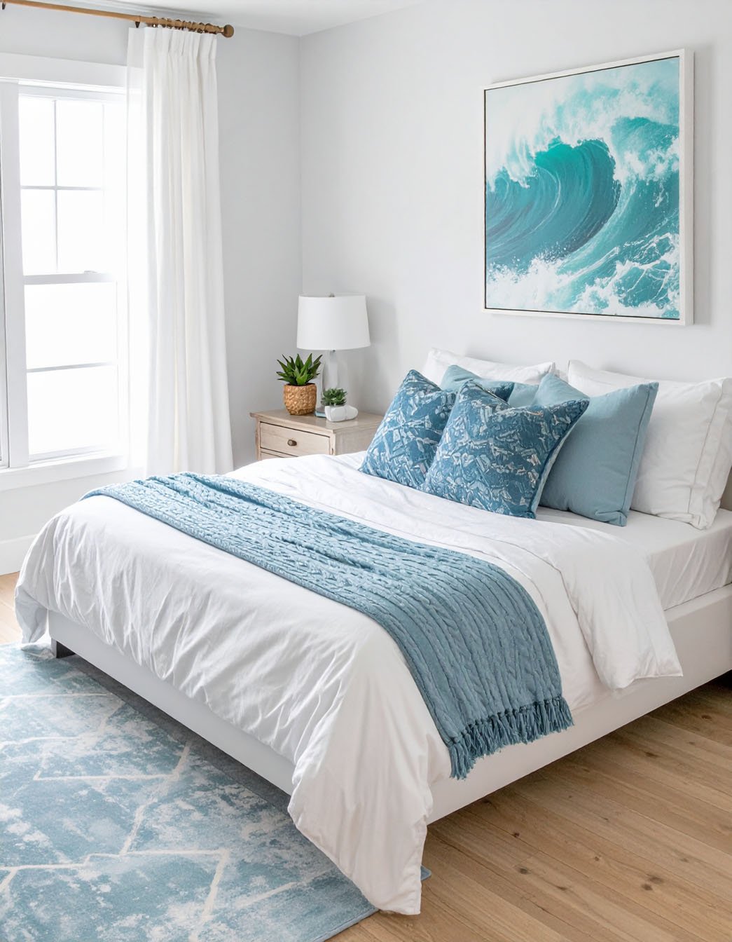 Chambre lumineuse avec literie blanche et bleue, tapis assorti et tableau de vague