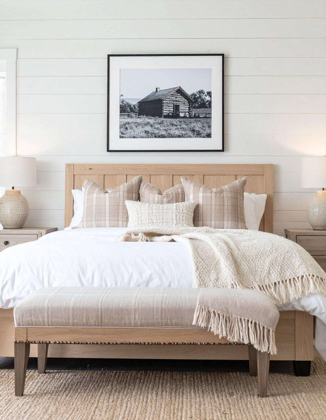 Chambre lumineuse avec lit en bois clair, literie blanche et tapis en jute