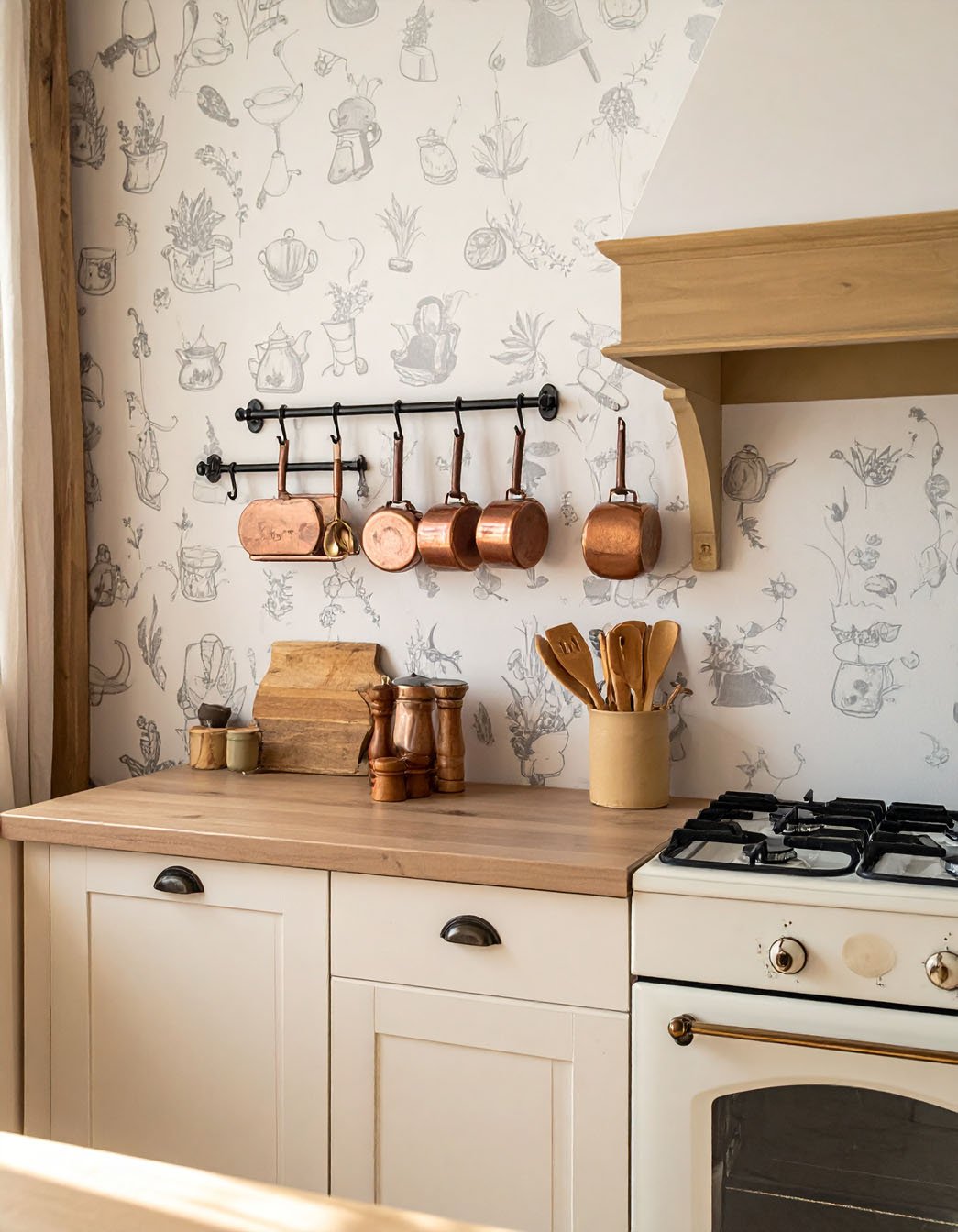 Cuisine de style campagnard avec meubles blanc cassé, casseroles en cuivre et papier peint à motifs