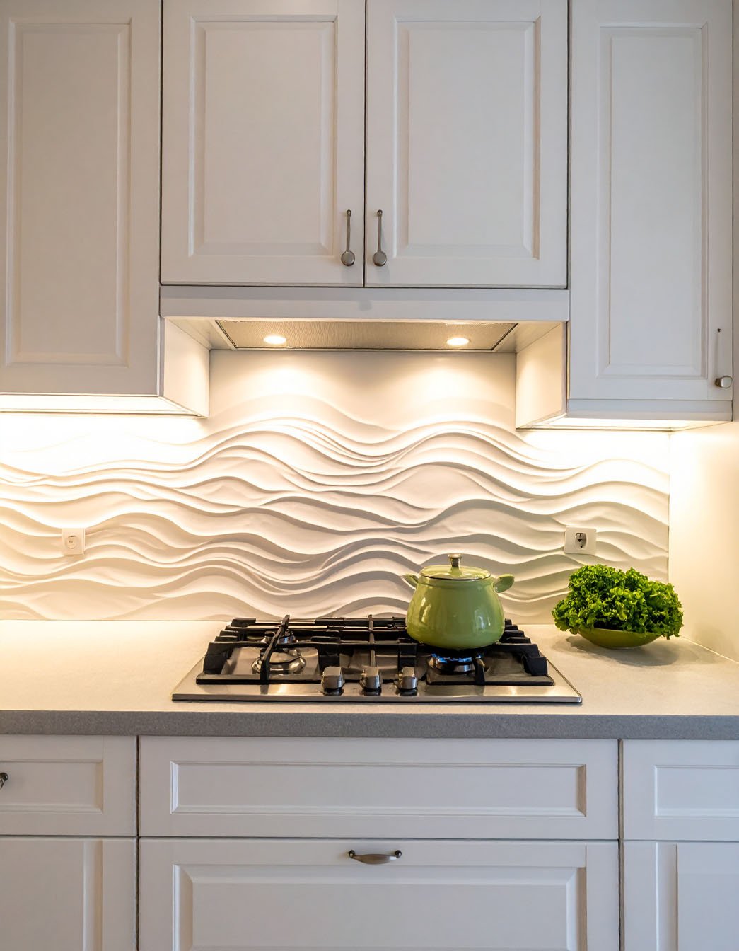 Cuisine blanche avec crédence texturée à motifs de vagues et plaque de cuisson