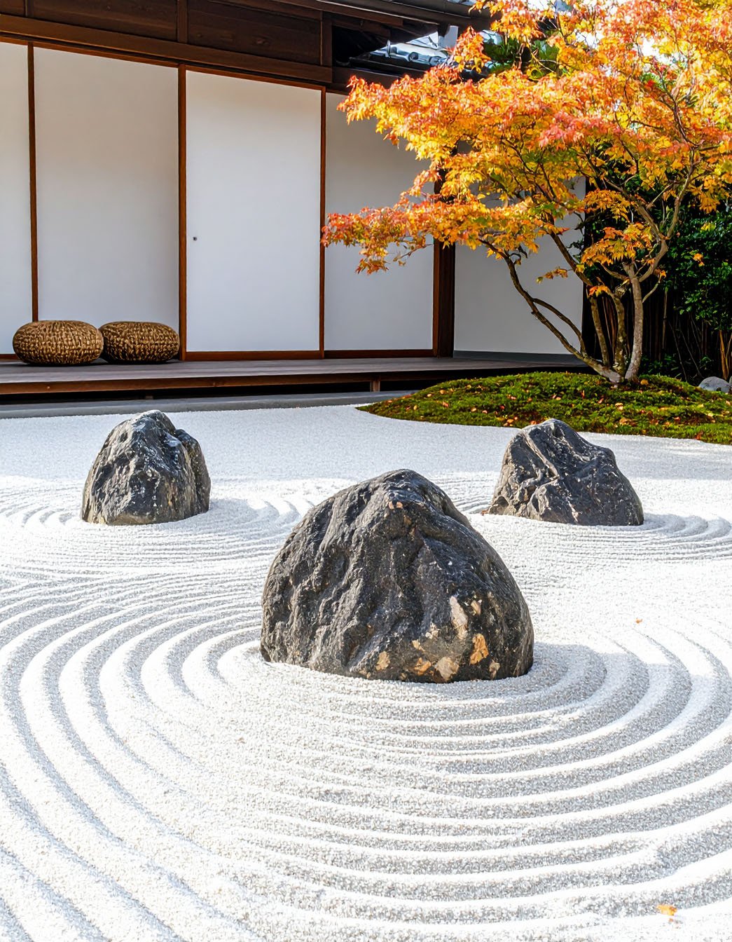 Jardin zen japonais avec sable ratissé, rochers et érable aux feuilles d'automne