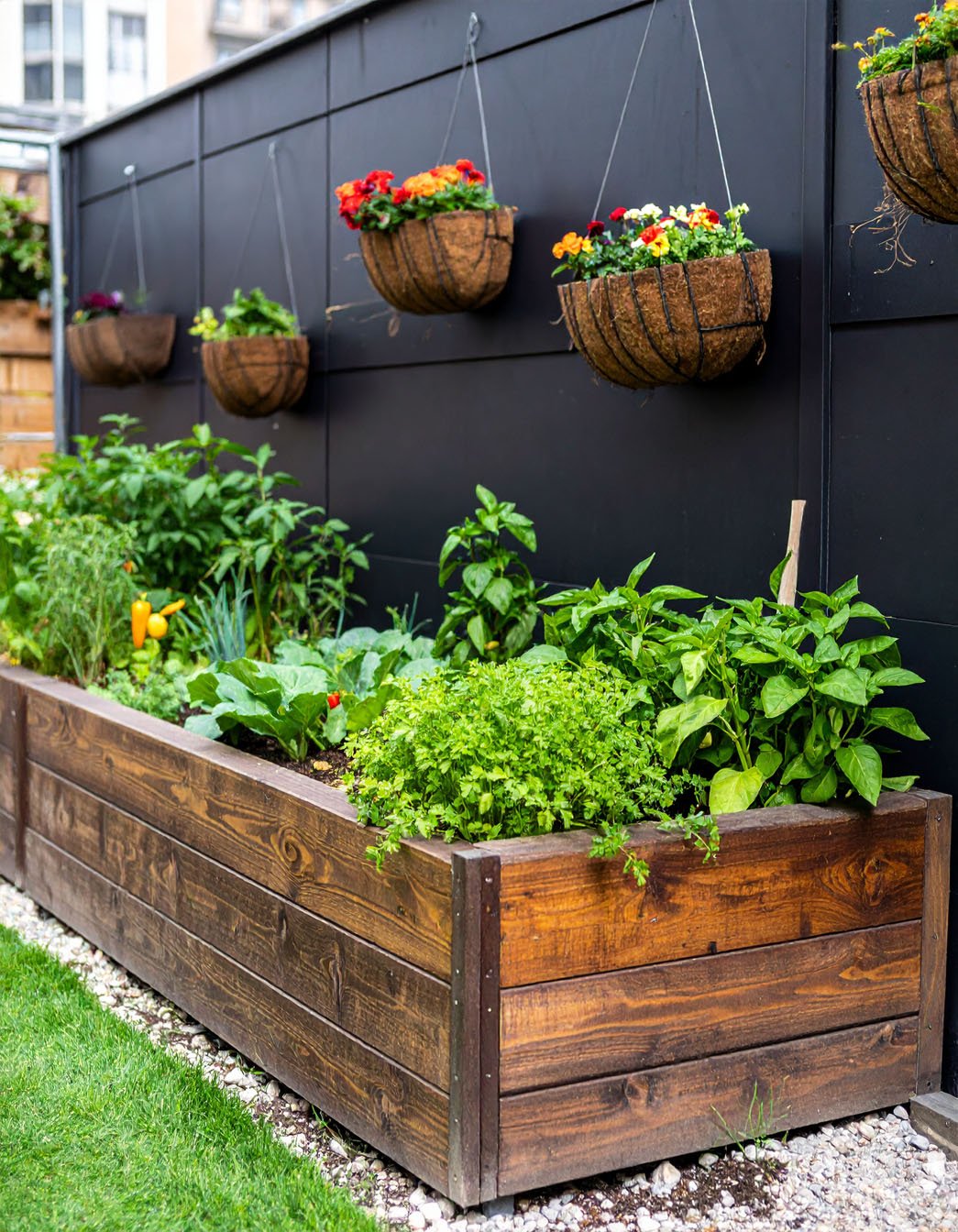 Jardinière en bois surélevée avec légumes et herbes, paniers de fleurs suspendus à un mur noir
