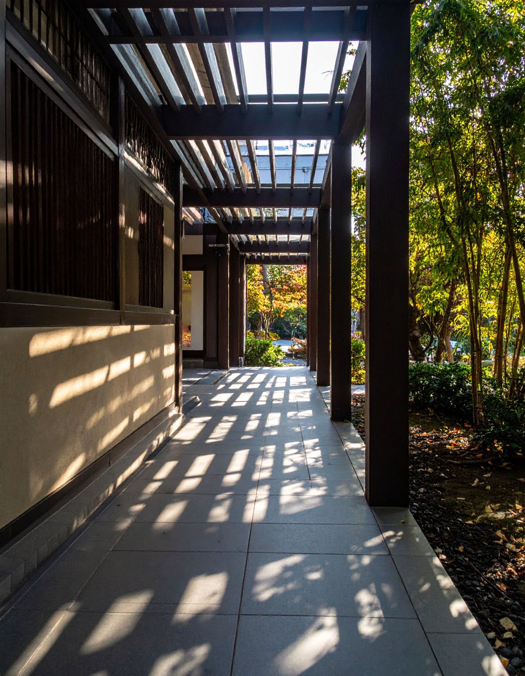 Portail d'entrée moderne de style japonais en bois et métal, entouré de bambous