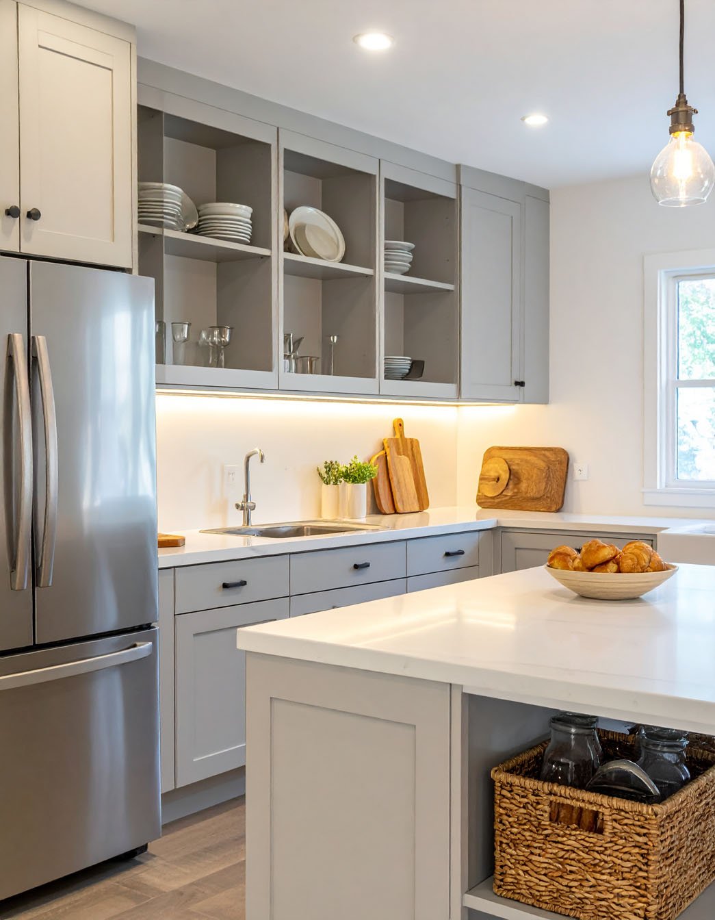 Cuisine moderne avec meubles gris, îlot blanc, réfrigérateur inox et panier de croissants