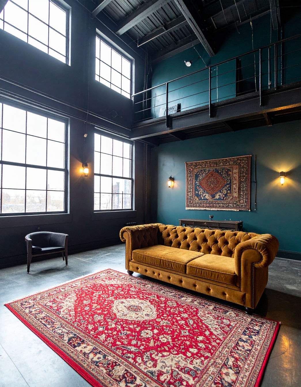 Salon avec murs gris, canapé Chesterfield en velours moutarde et tapis à motifs