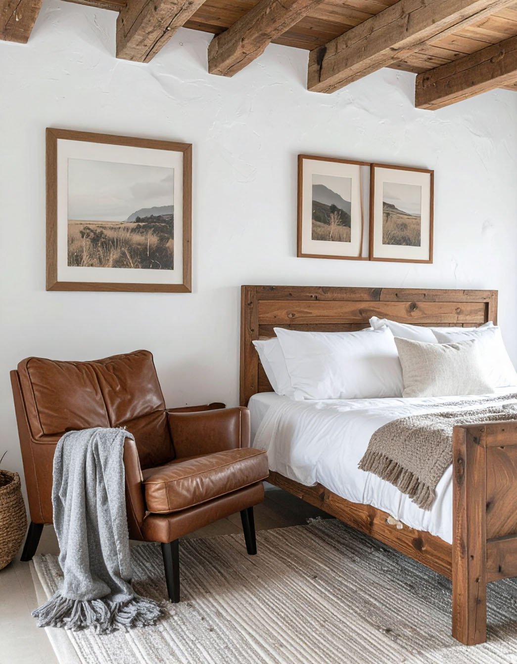 Chambre avec lit en bois de récupération, parure à motifs et mur en planches de bois