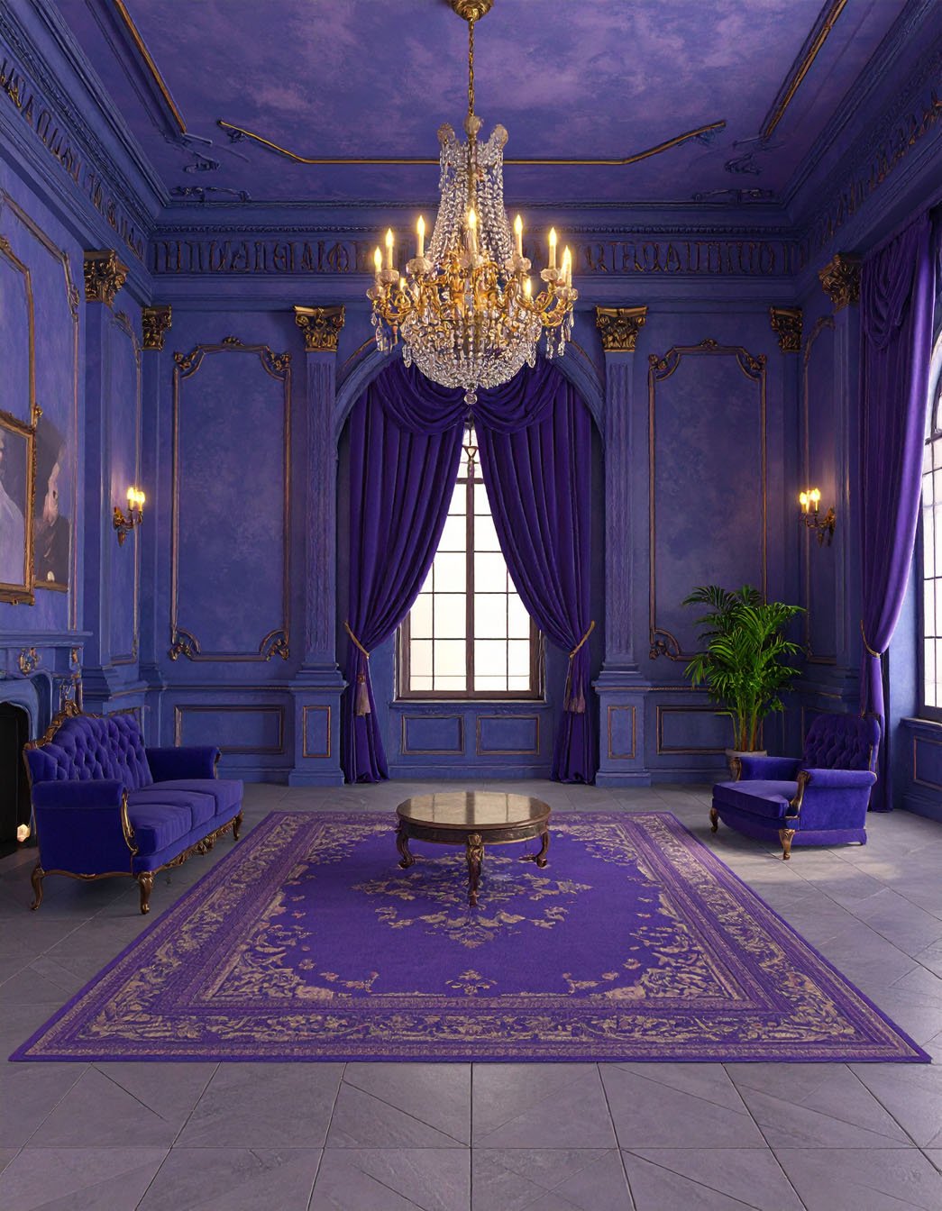 Chambre avec murs violets, lit à baldaquin noir et lustre en cristal