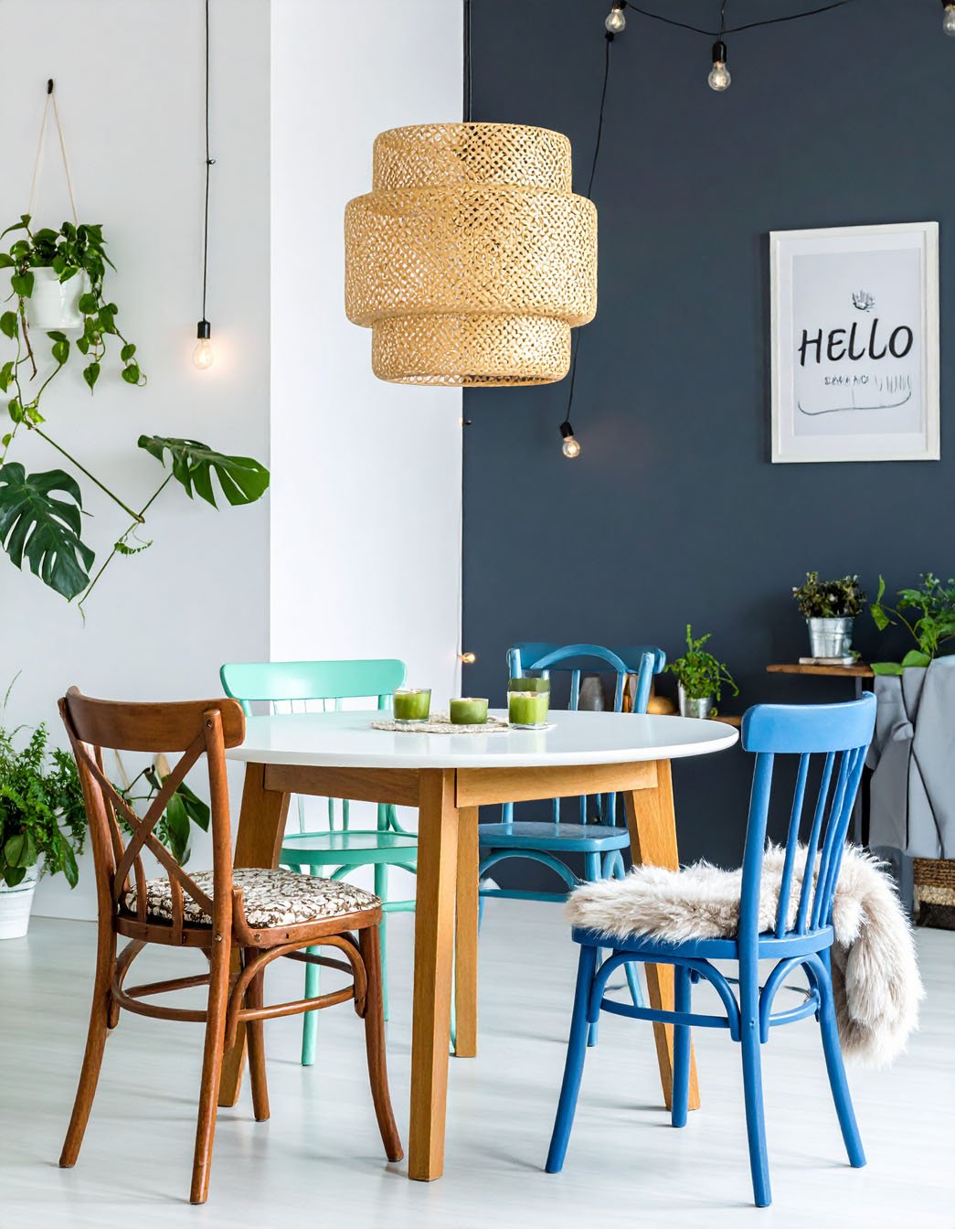 Coin repas éclectique avec table ronde, chaises dépareillées colorées et suspension en rotin