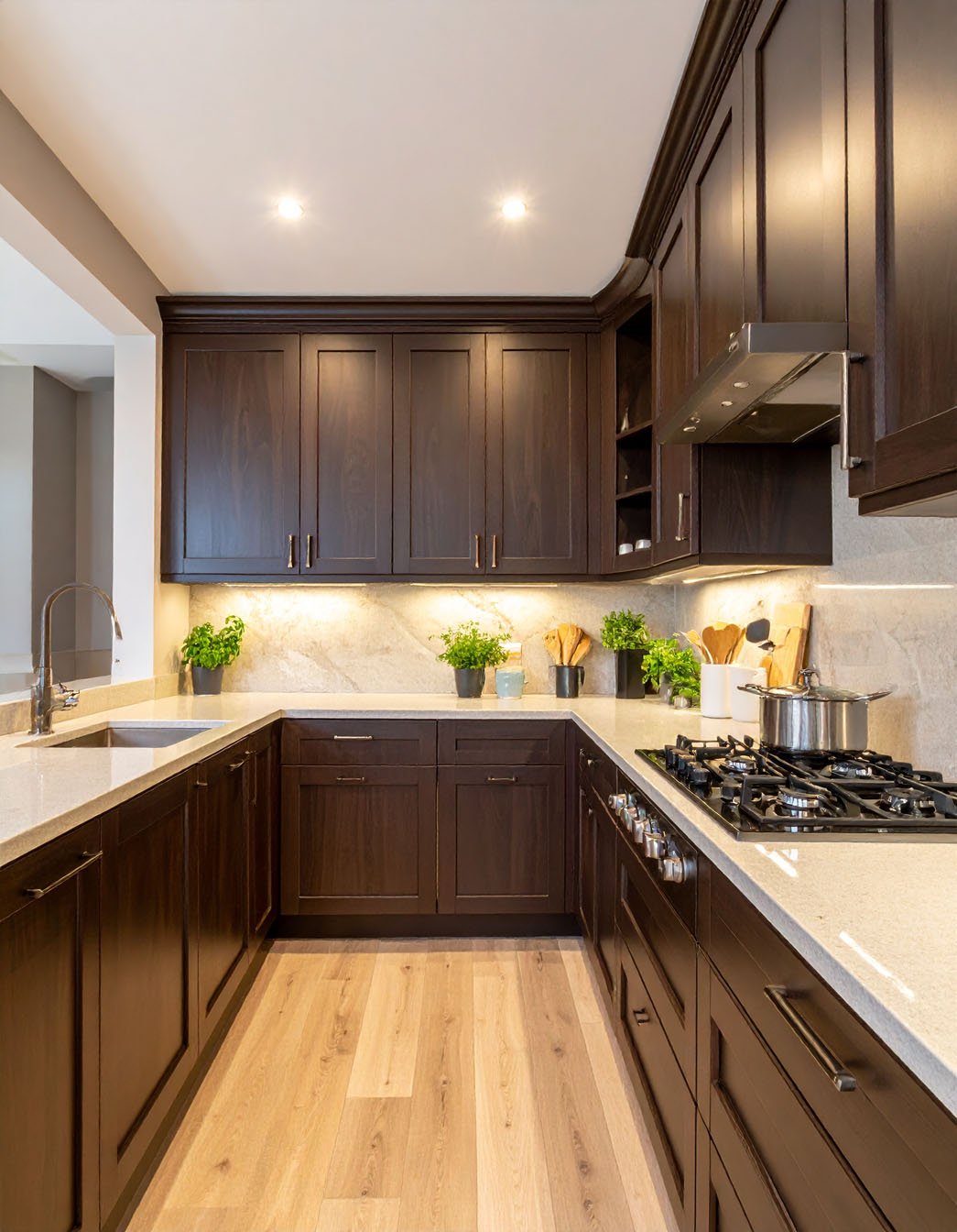 Cuisine en U avec meubles en bois foncé, plans de travail clairs et parquet