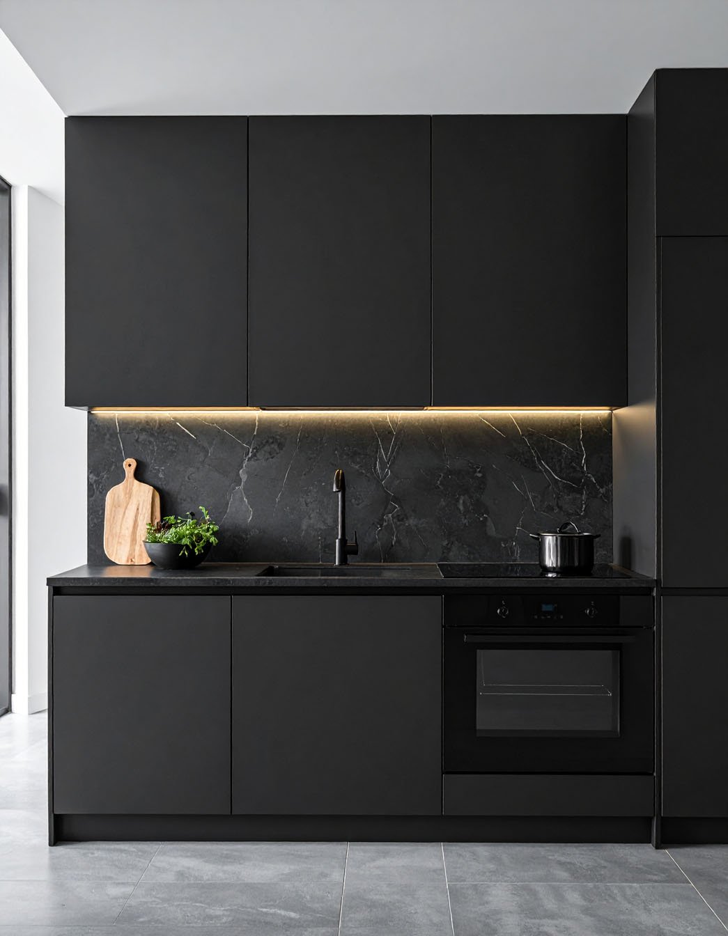 Cuisine minimaliste noire avec crédence en marbre noir et éclairage LED