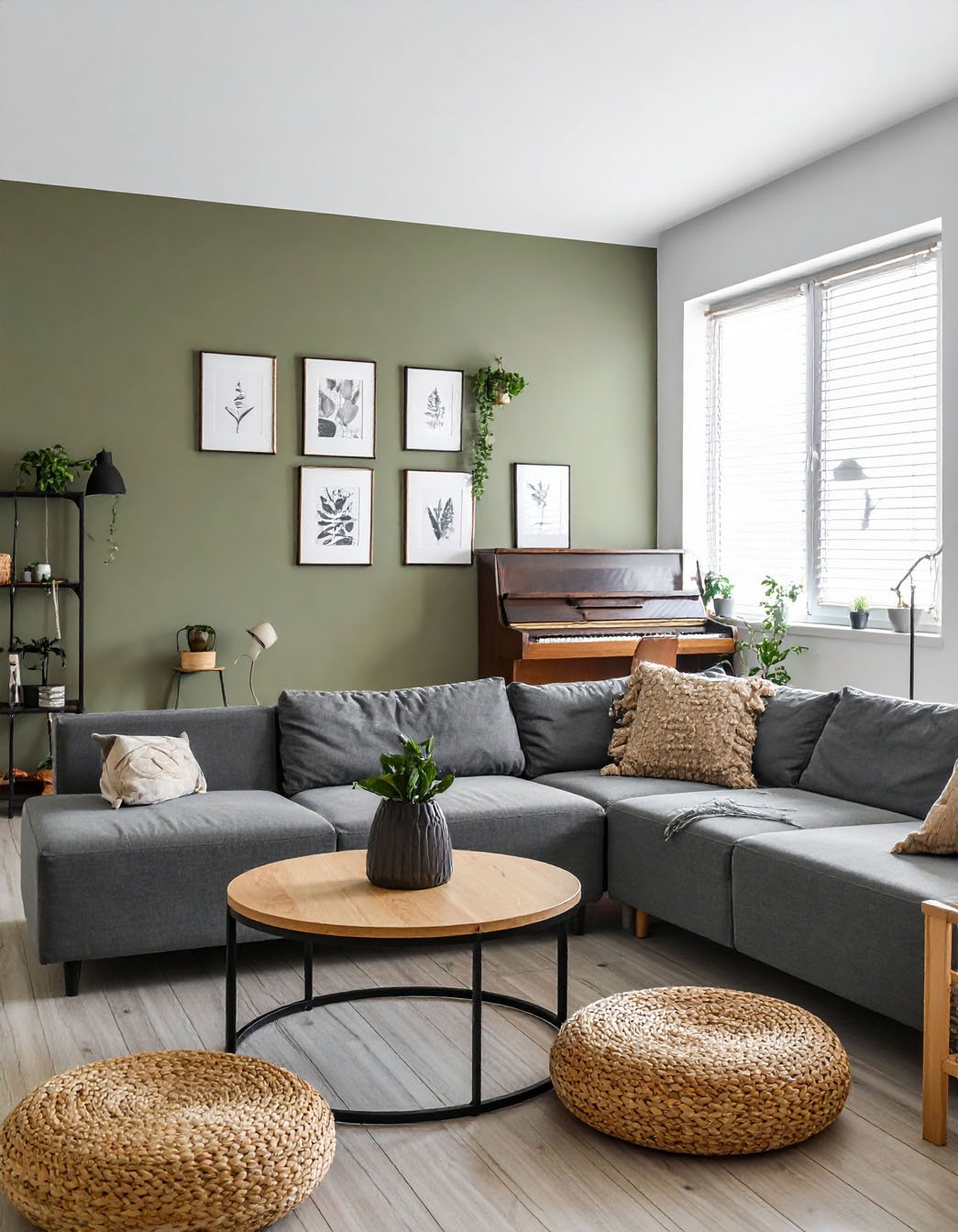 Salon avec grand canapé d'angle gris, mur vert olive, poufs en jonc de mer et piano droit