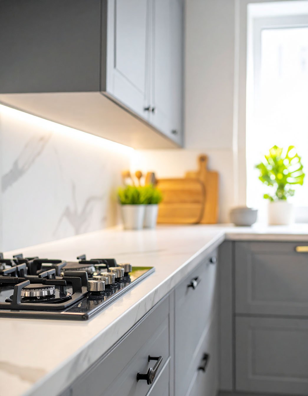 Cuisine avec meubles gris, plans de travail effet marbre blanc et plaque de cuisson gaz