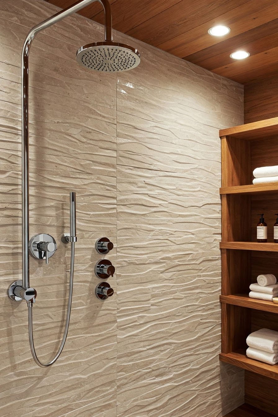 Douche avec murs texturés beiges, pommeau rond et étagères en bois