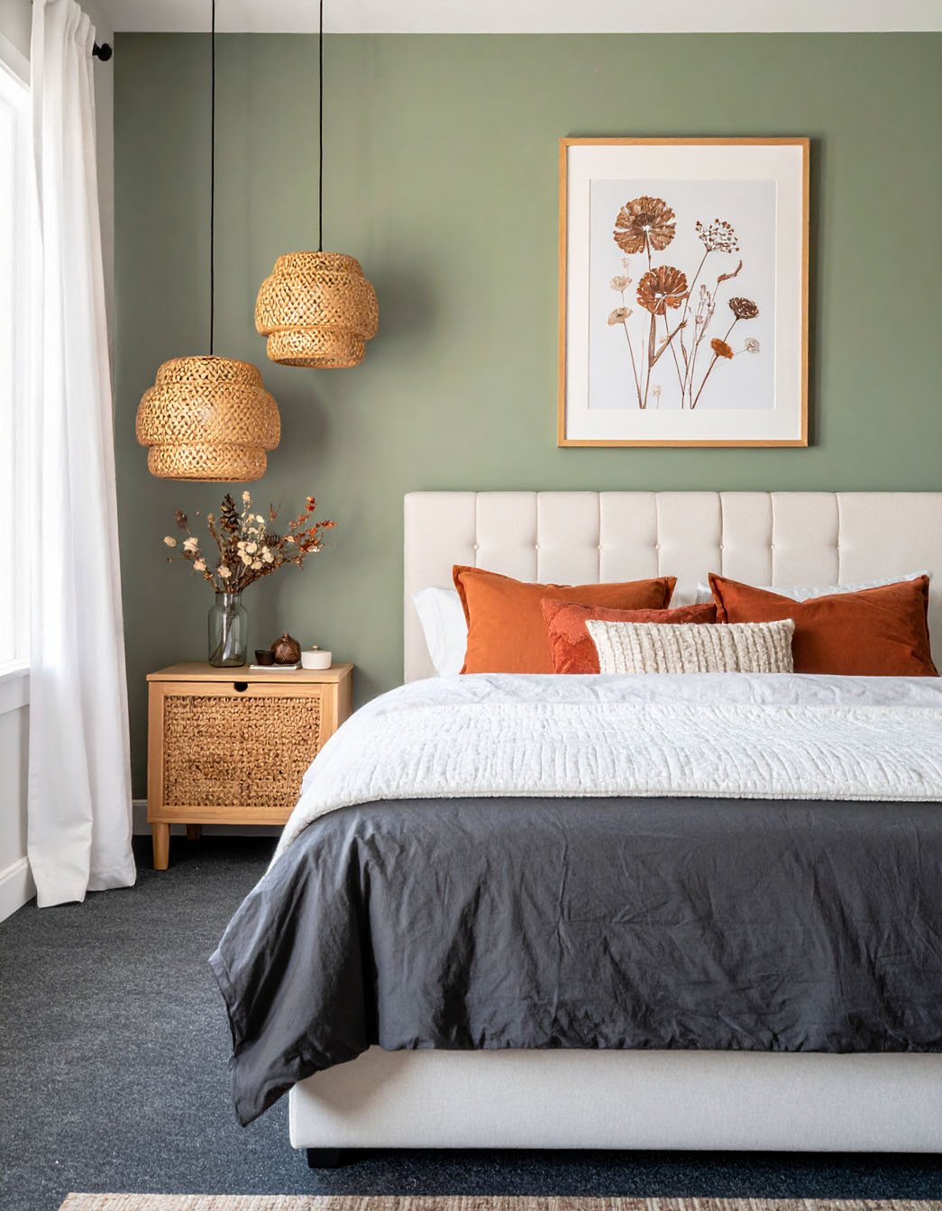 Chambre avec murs vert olive, lit avec coussins rouille et suspensions en rotin