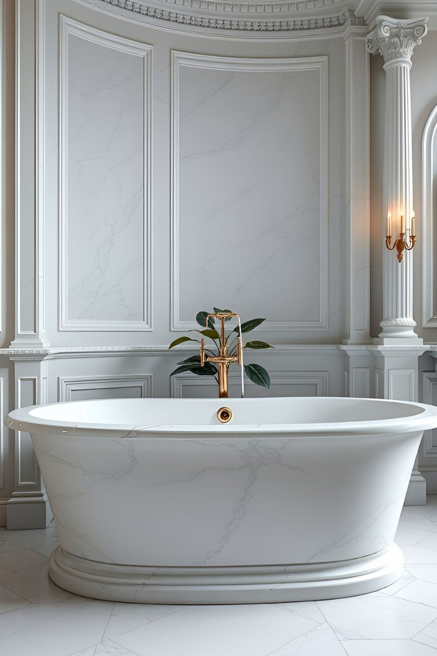 Salle de bain classique et luxueuse avec baignoire îlot blanche, murs lambrissés imitation marbre et colonnes décoratives