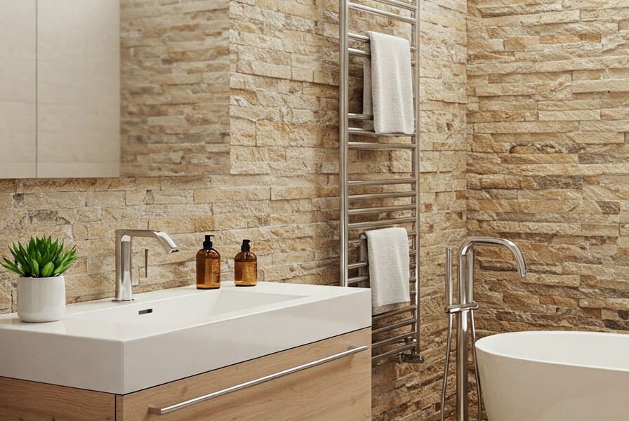 Salle de bain avec murs en pierre naturelle, vasque moderne et baignoire îlot