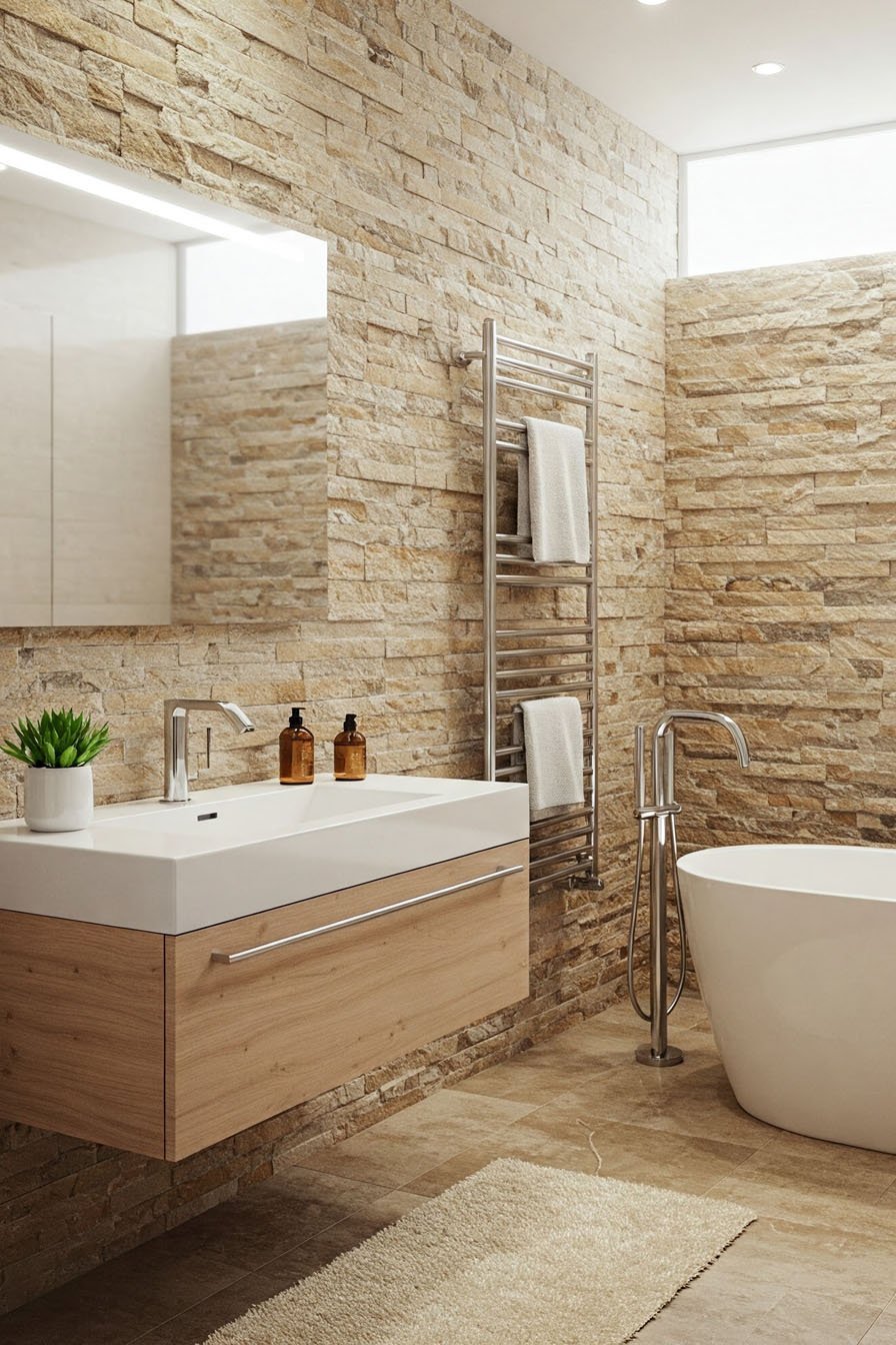 Salle de bain avec murs en pierre naturelle, vasque moderne et baignoire îlot
