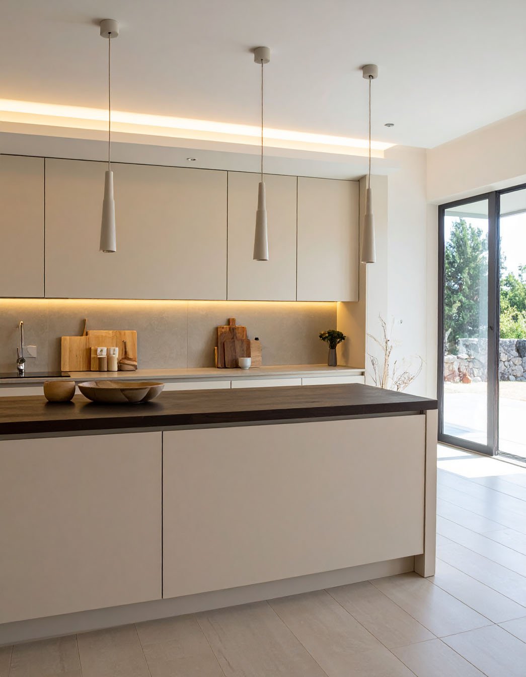 Cuisine minimaliste avec meubles beige clair, îlot avec plan de travail foncé et suspensions coniques
