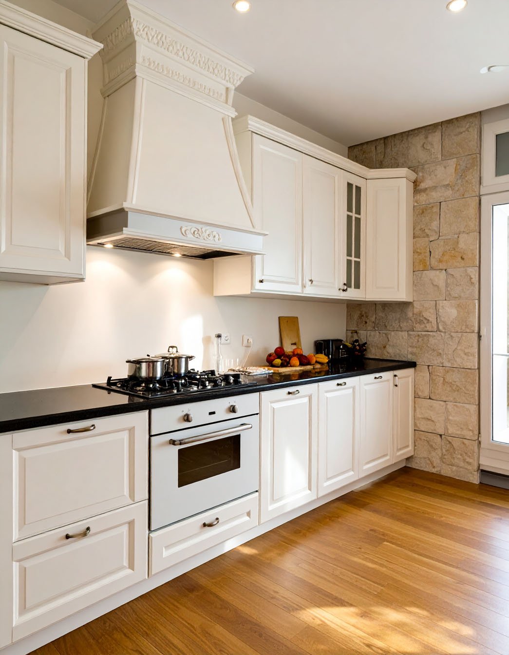 Cuisine blanche avec plans de travail noirs, hotte décorative et mur en pierres apparentes