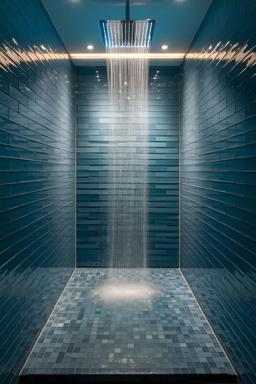 Douche moderne avec murs en carrelage bleu texturé et pommeau de douche pluie