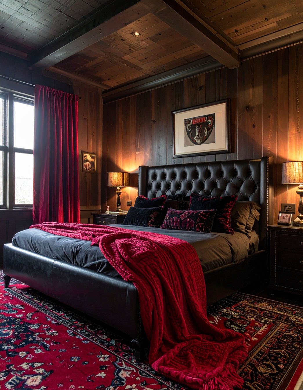 Chambre luxueuse avec lit à tête de lit haute en velours noir, literie rouge et lustre