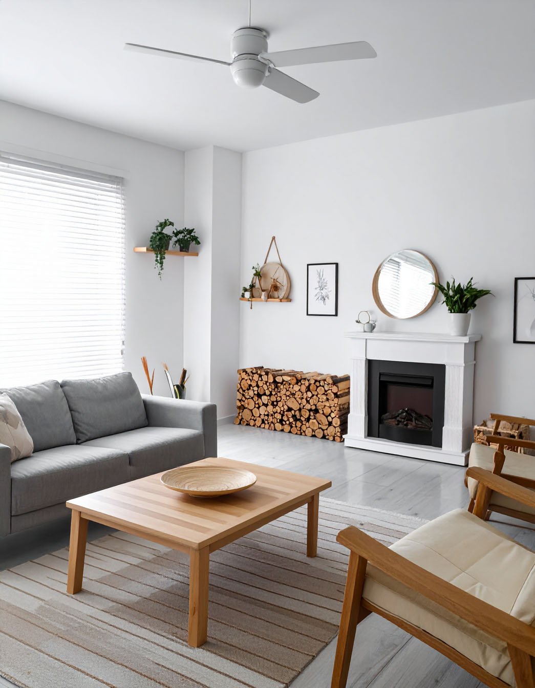 Salon lumineux et épuré avec canapé gris, cheminée blanche et bûches de bois décoratives