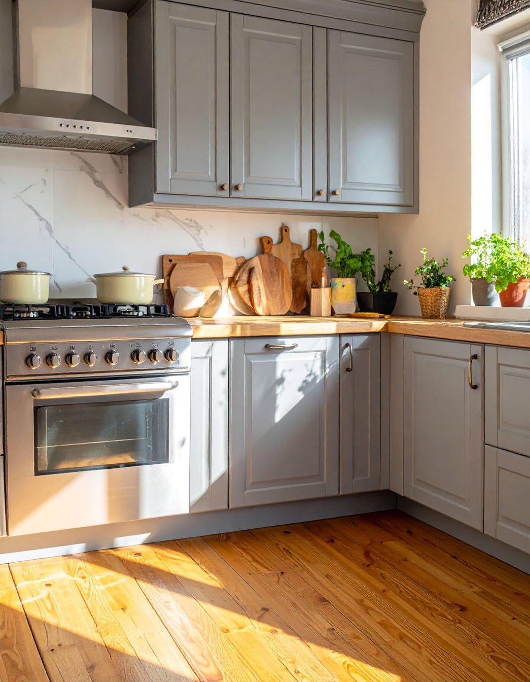 Cuisine avec meubles gris, plan de travail en bois, cuisinière inox et parquet ensoleillé