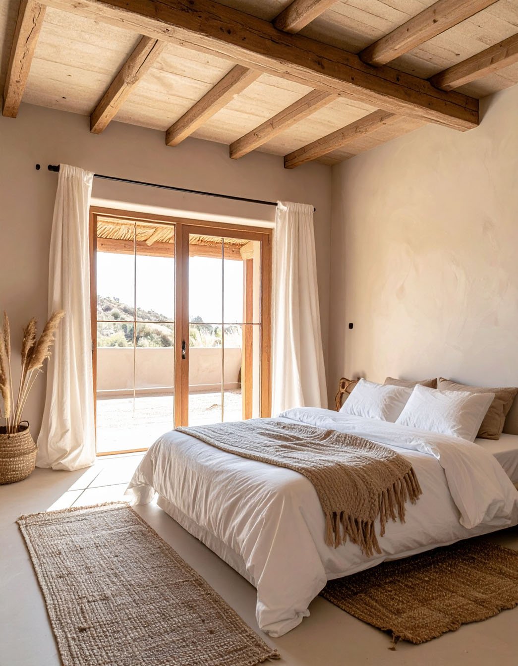 Chambre avec lit en bois clair, literie blanche, plaid à rayures et tapis en jute