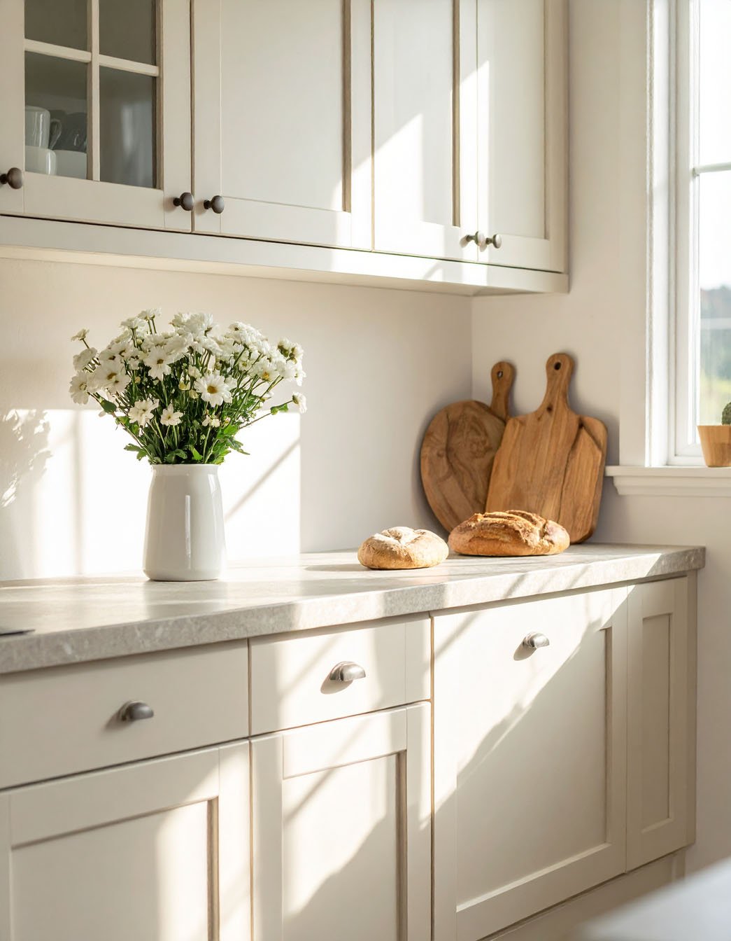 Plan de travail de cuisine blanc cassé ensoleillé avec pains ronds et vase de marguerites