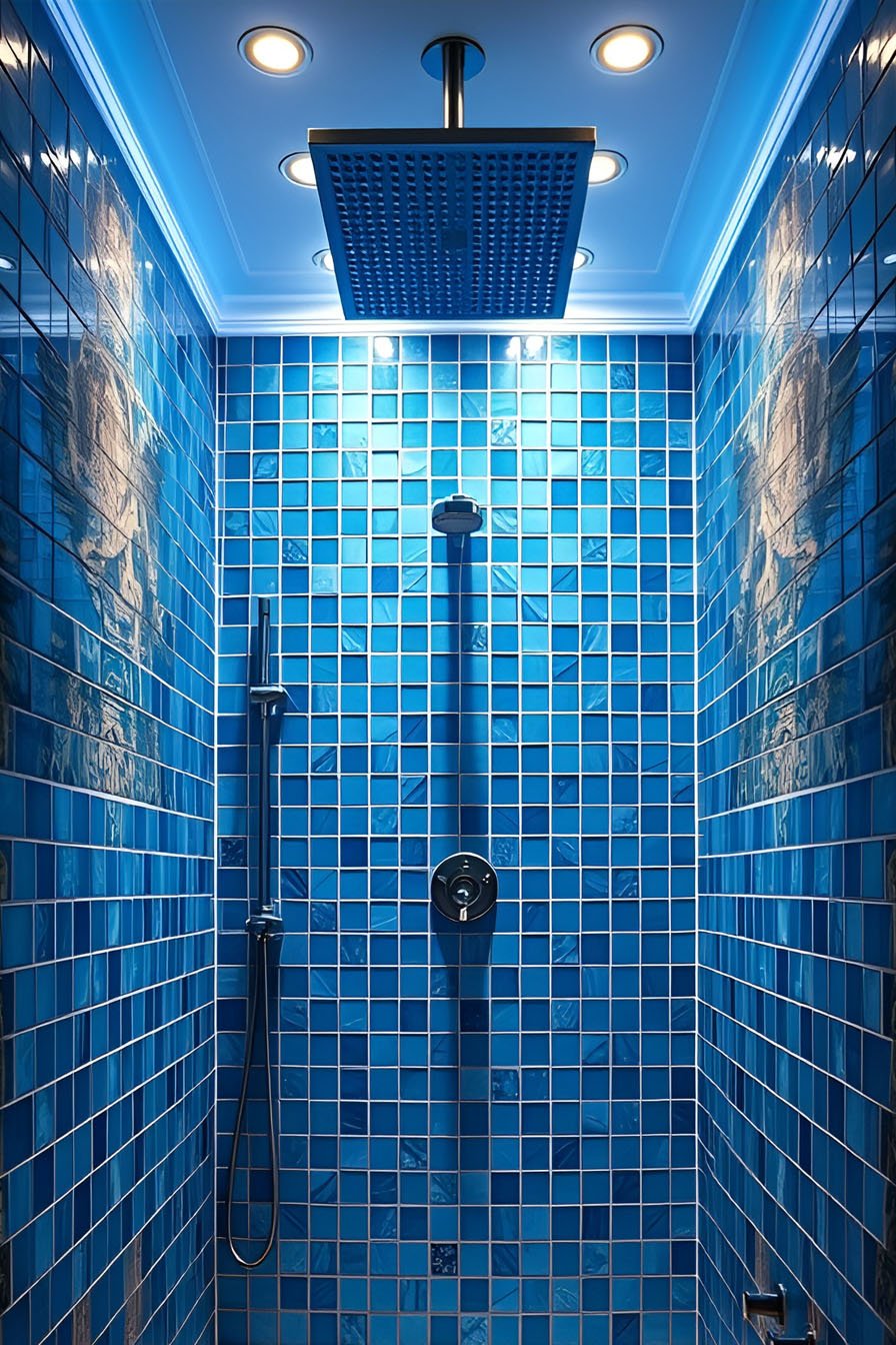 Douche moderne recouverte de mosaïque bleue, avec un grand pommeau de douche carré effet pluie et éclairage intégré au plafond