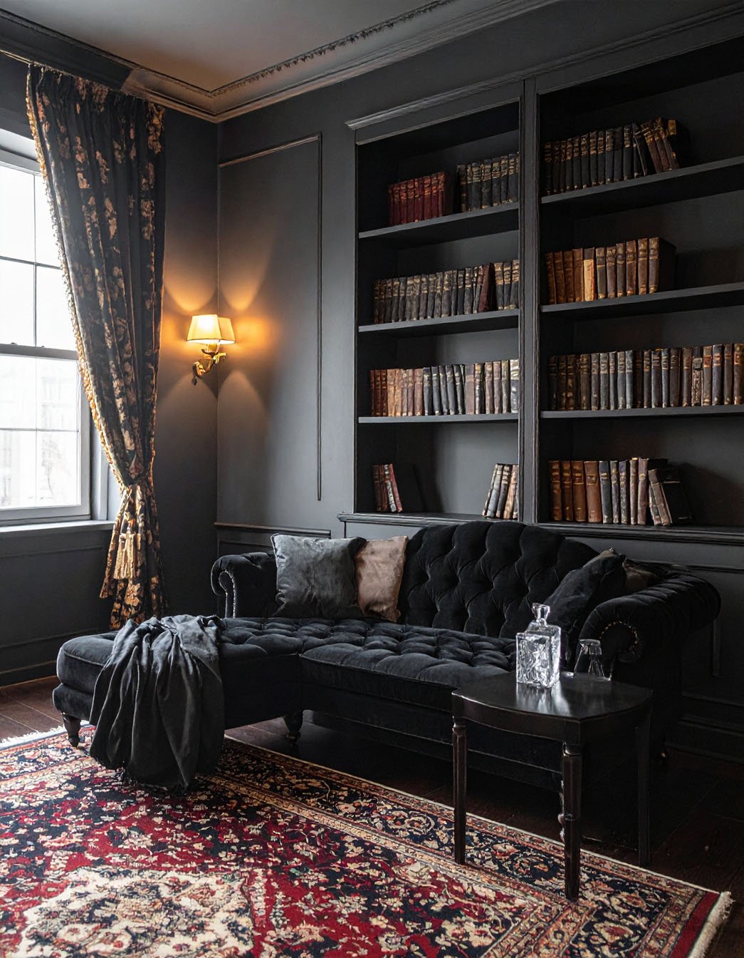 Bibliothèque sombre avec murs et étagères noirs, fauteuils en cuir et cheminée