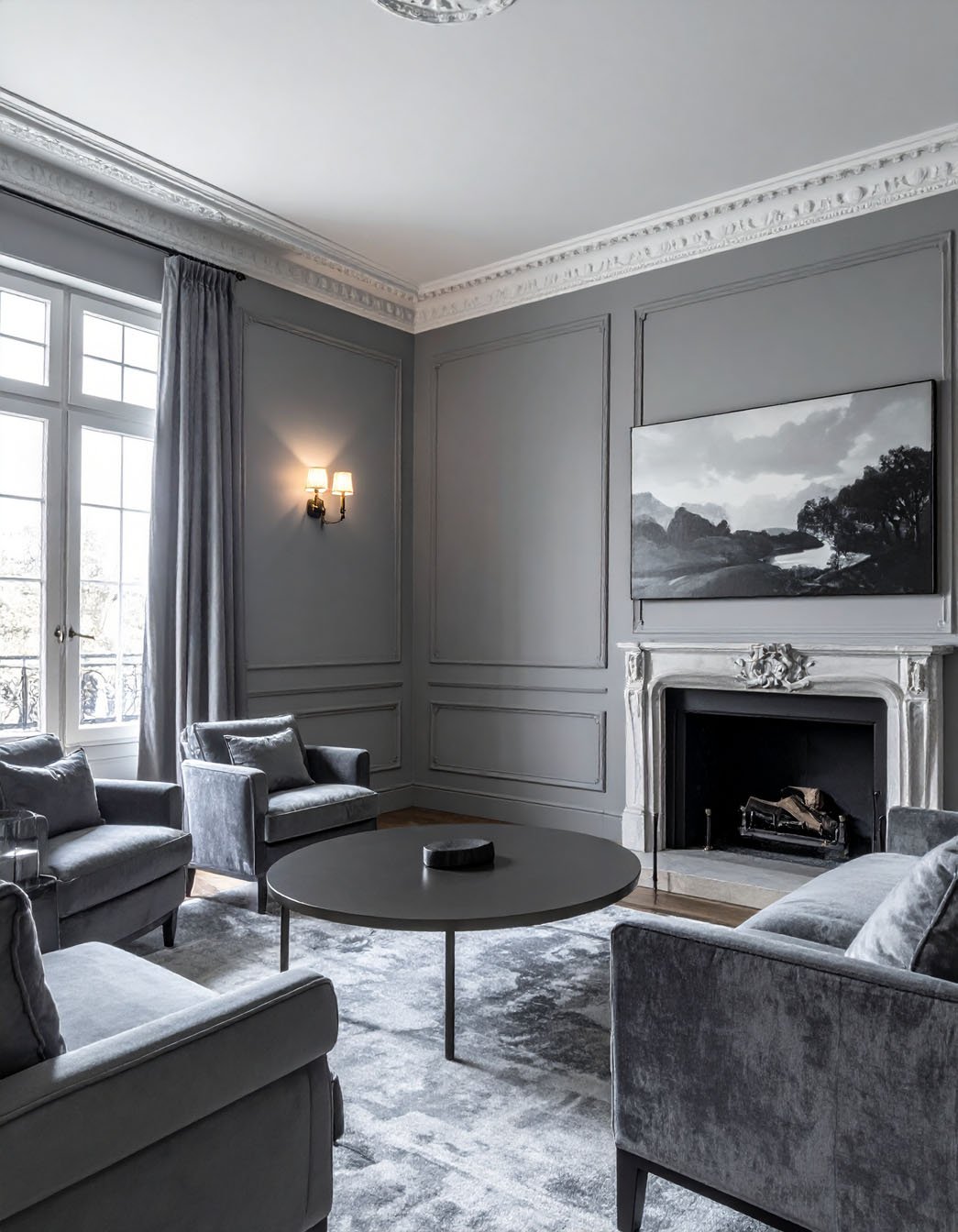 Salon avec murs noirs à moulures, canapé en velours gris et parquet à chevrons