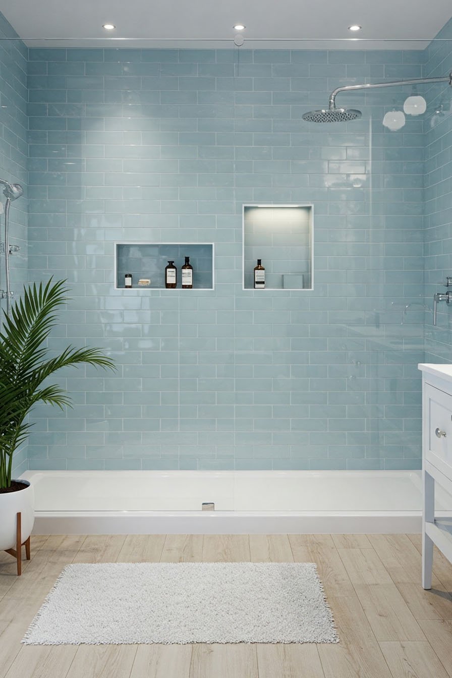 Douche avec murs en carrelage bleu clair brillant et niches murales