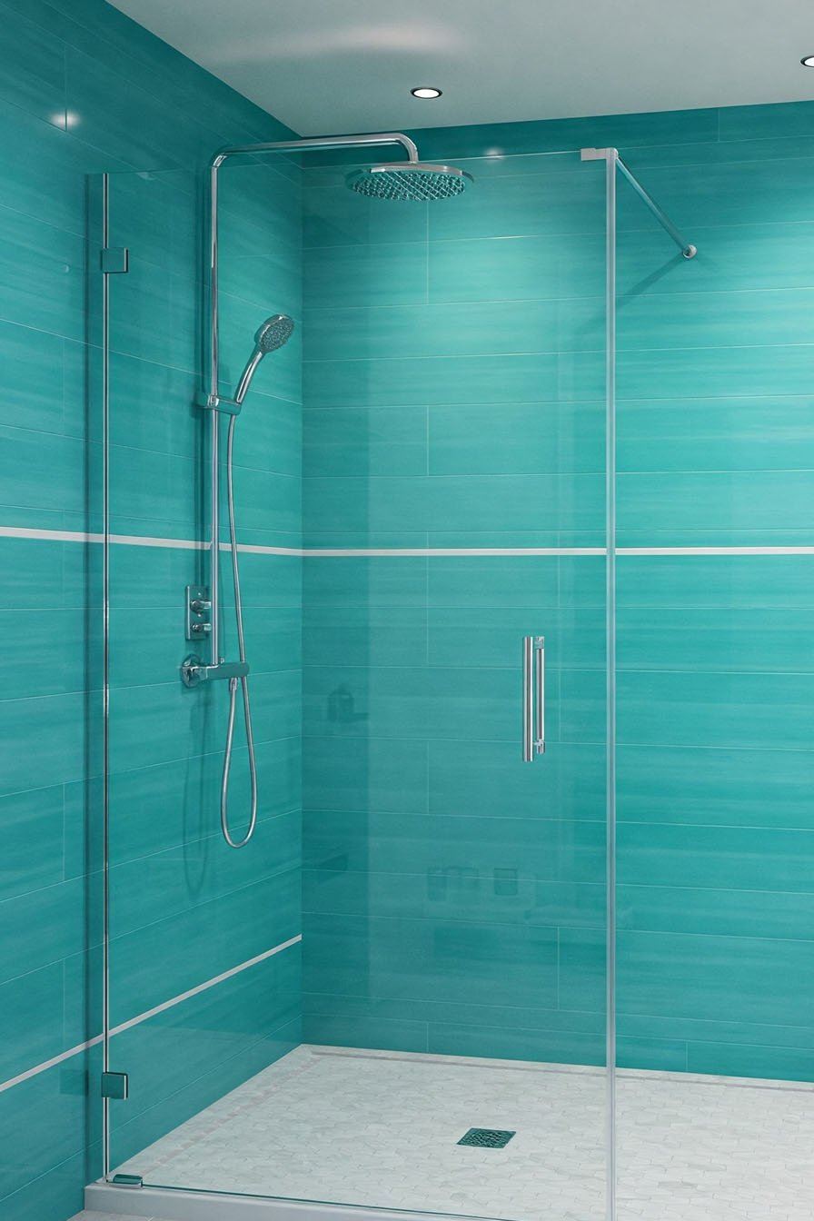 Douche à l'italienne vitrée avec murs en carrelage turquoise brillant et fines lignes décoratives horizontales claires
