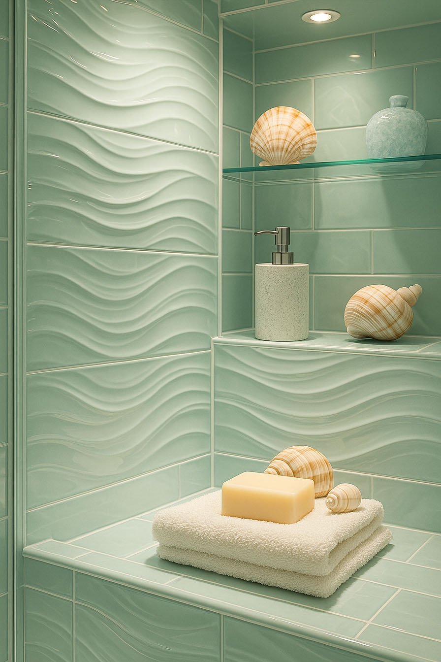 Salle de bain avec une étagère et une serviette posée dessus, mettant en valeur une paroi de douche en verre