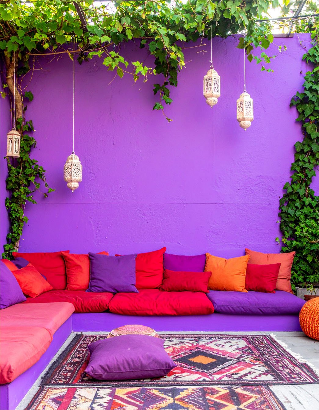 Patio de style oriental avec mur violet vif, banquette d'angle et lanternes suspendues