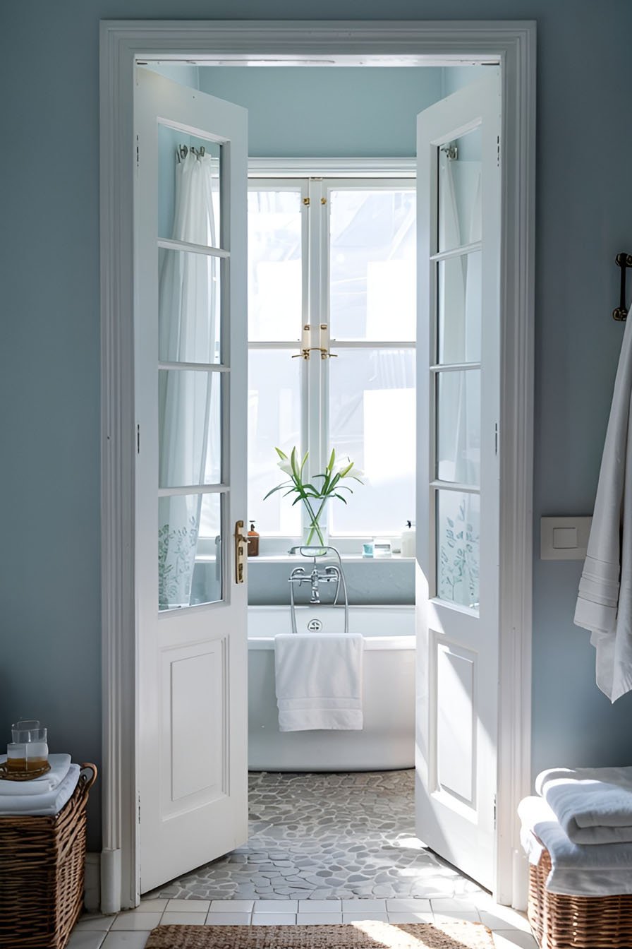 Vue à travers des portes françaises vitrées ouvertes sur une salle de bain lumineuse avec une baignoire sous la fenêtre