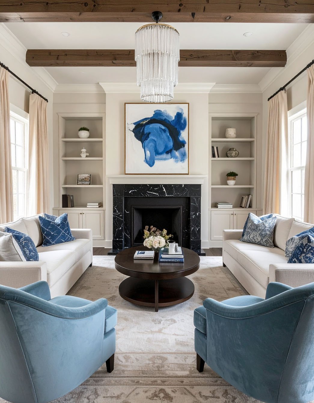 Salon symétrique avec deux canapés blancs face à face, fauteuils bleu velours et cheminée en marbre noir